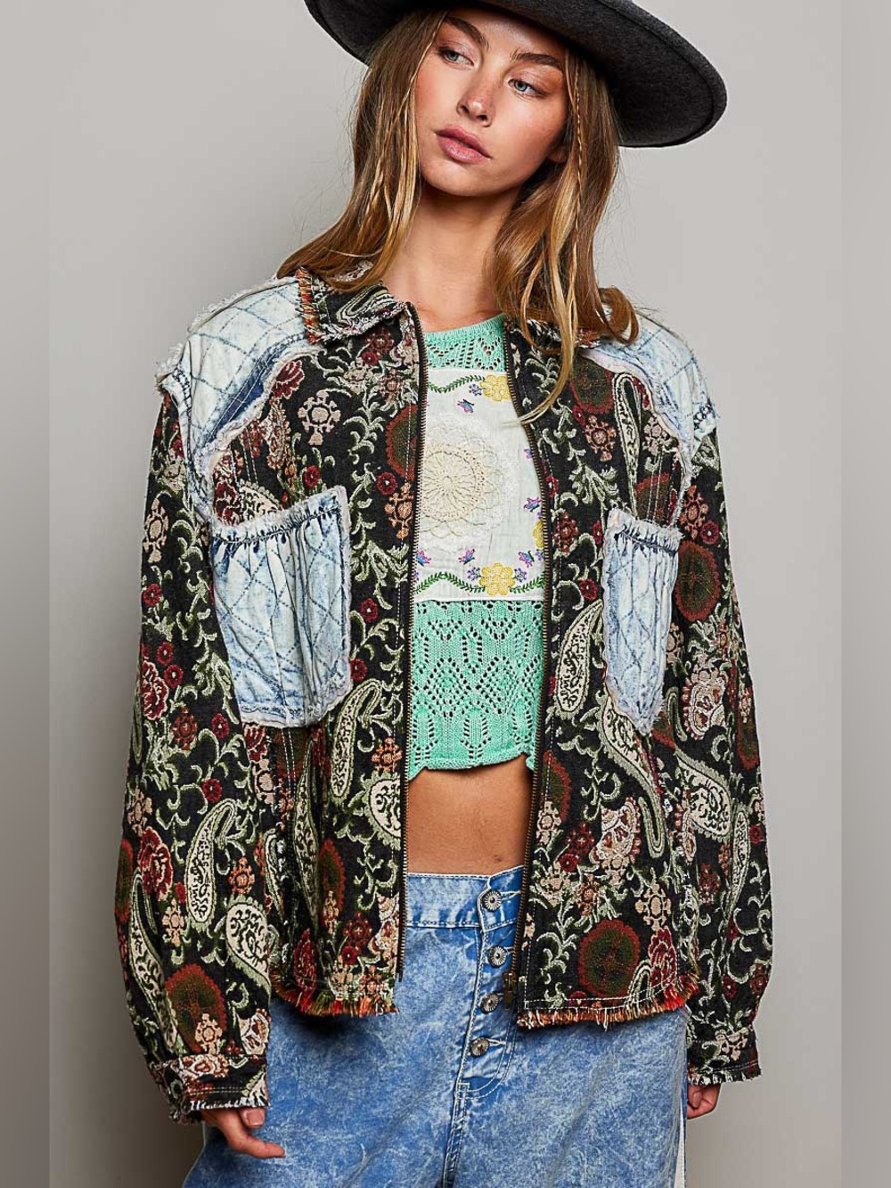 POL “Late Checkout” Jacquard Denim Quilt Shacket Oversized Boho Jacket | Blue